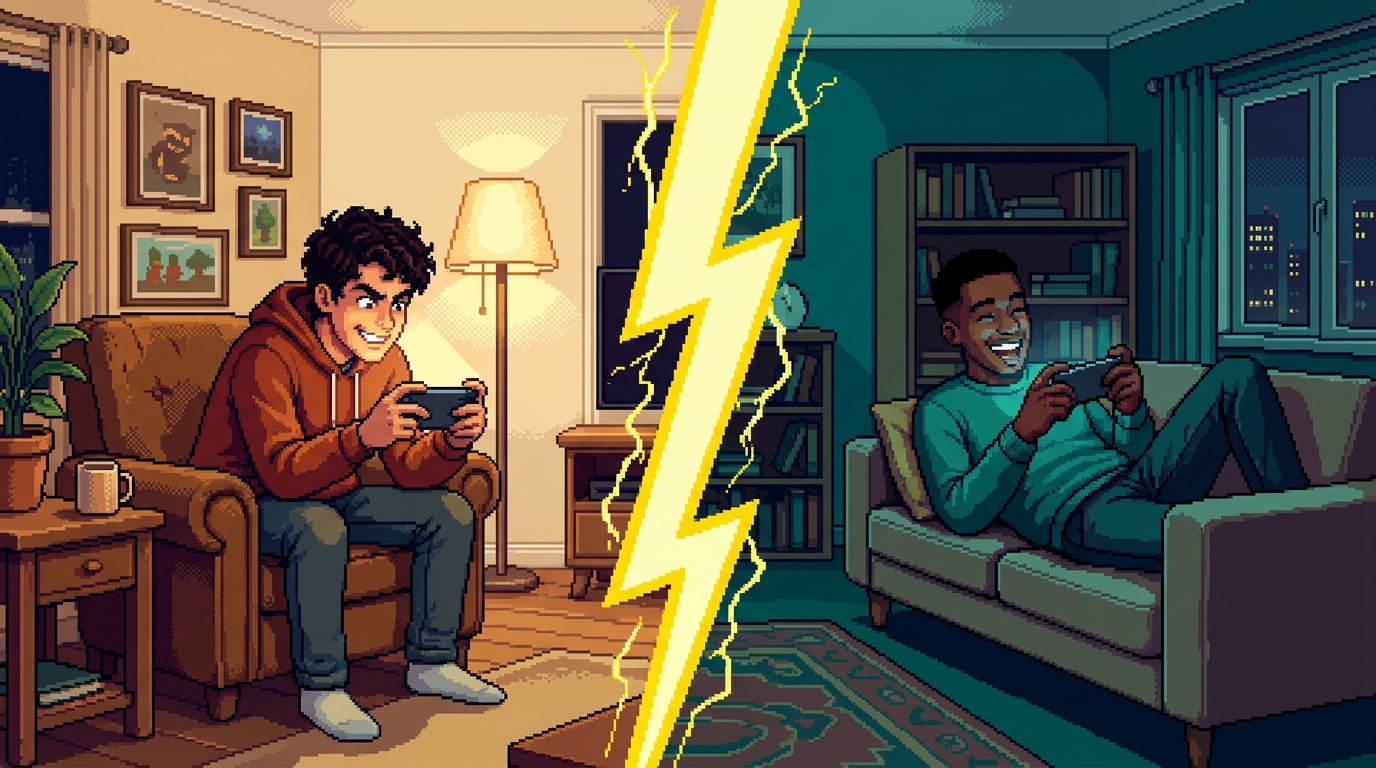 Two friends in two different homes, each on their own sofa playing a game against the other on their phone, the two rooms divided by a lightning bolt. Both are laughing.