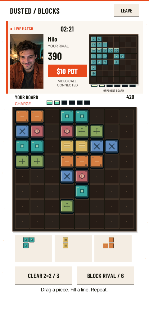 Streamer's phone screen: Dusted Blocks live match, $10 pot
