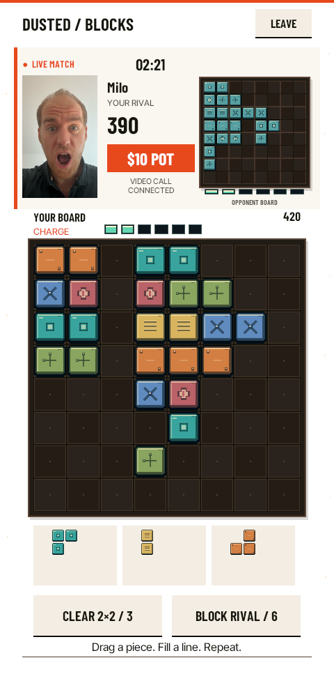 Dusted Blocks live match: $10 pot, timer running, rival on camera, both boards visible